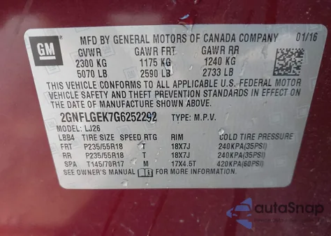 2016 Chevrolet Equinox Ltz из США, поврежденный, VIN 2GNFLGEK7G6252292